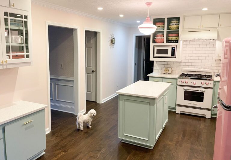 IMG 2593 residential interior lighting on kitchen island sink Primary Schoolhouse Pendant Large Opaque SWH 480 Blush Pink PB3 Triple Painted Bands