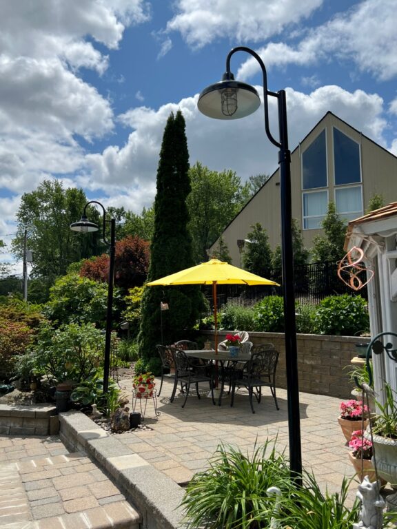 IMG 4643 residential exterior lighting patio Union Nautical LED Single Post Mount 16in 150 Black CGG Clear Glass Guard 975 Galvanized