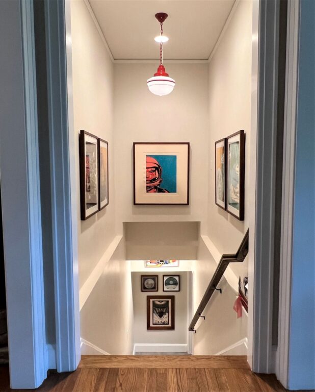 IMG 6480 residential interior lighting on stairway Acorn Schoolhouse Chain Hung Pendant Opaque 400 Barn Red SWH PB4 Three Painted Bands 400 Barn Red