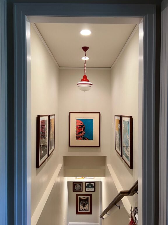 IMG 6483 residential interior lighting stairway Acorn Schoolhouse Chain Hung Pendant Opaque 400 Barn Red SWH PB4 Three Painted Bands 400 Barn Red