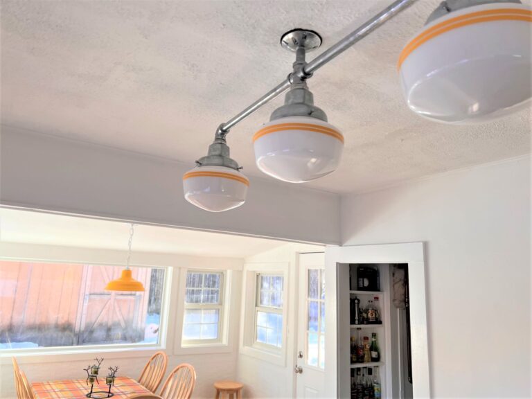 IMG 1263 residential interior lighting kitchen Primary Schoolhouse 3 Light Chandelier Small Opaque 975 Galvanized 18in arms 3in stem PB2 500 Buttery Yellow