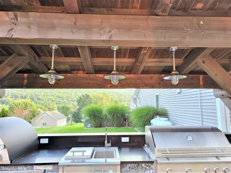 20230726 191821 residential exterior lighting outdoor kitchen patio Syracuse Vintage Industrial Stem Mount 14in 975 Galvanized 12in stem HSC TGG Clear Glass