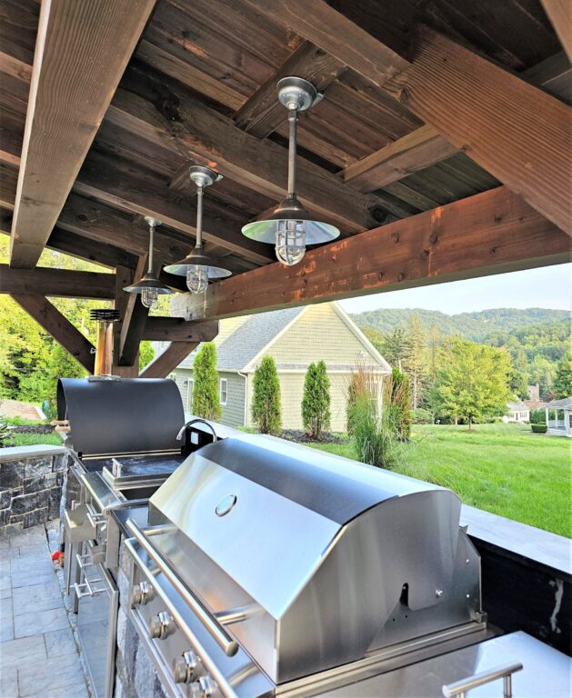 20230726 191841 residential exterior lighting outdoor kitchen patio Syracuse Vintage Industrial Stem Mount 14in 975 Galvanized 12in stem HSC TGG Clear Glass