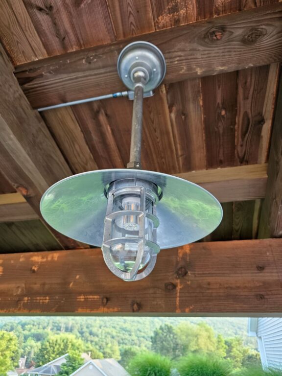 20230726 191847 residential exterior lighting outdoor kitchen patio Syracuse Vintage Industrial Stem Mount 14in 975 Galvanized 12in stem HSC TGG Clear Glass