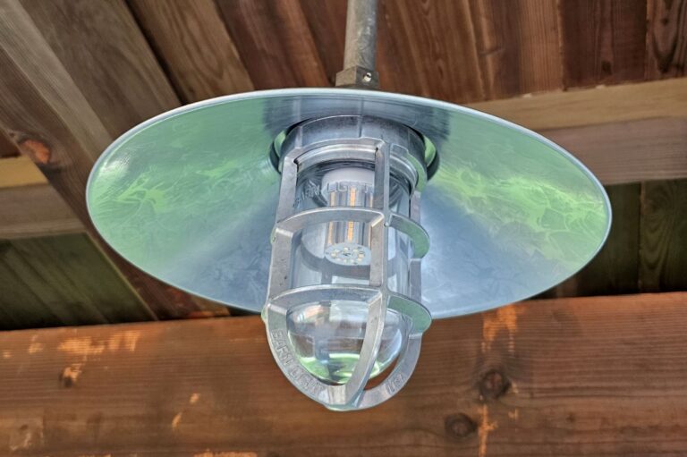 20230726 191900 residential exterior lighting outdoor kitchen patio Syracuse Vintage Industrial Stem Mount 14in 975 Galvanized 12in stem HSC TGG Clear Glass