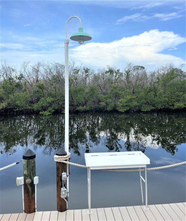 IMG 4857 residential exterior lighting boat dock waterfront Original Nautical LED Single Post Mount 16in 370 Mint 200 White TGG Clear Glass 10ft Smooth Pole 200 White