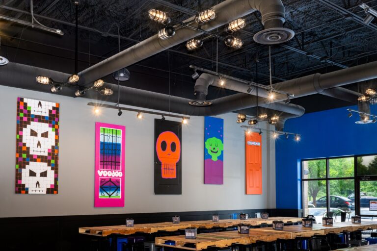 Voodoo Brewery 7 commercial interior lighting on brewery bar Factory Overhead 6 Light Chandelier 100 Black 48in stem CGG 100 Black Clear Glass