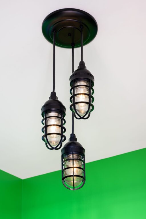 Voodoo Brewery 9 commercial interior lighting on brewery bar Atomic Topless Multi Light Chandelier 100 Black SBK CGG Clear Glass