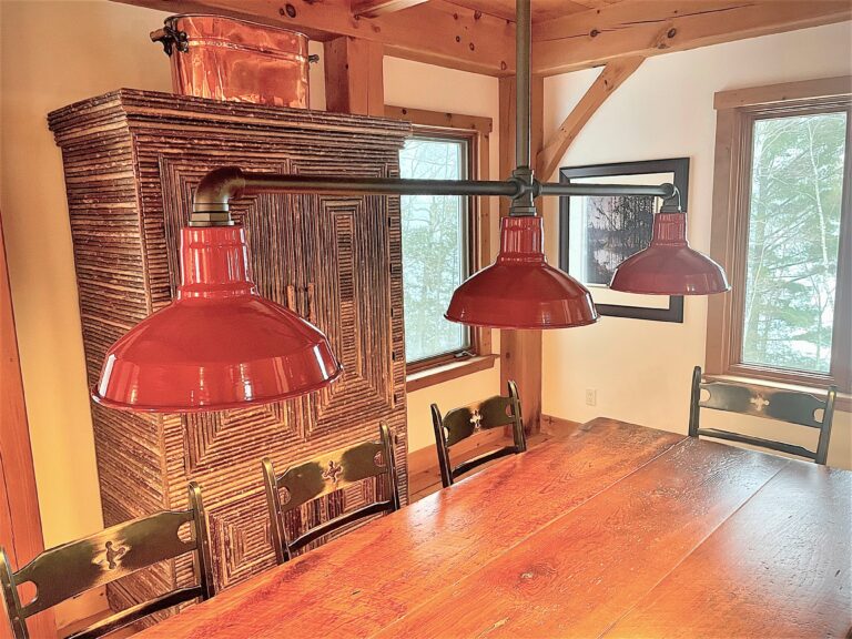 IMG 0287 residential interior lighting dining Dino 3 Light Stem Mount Pendant on 400 Barn Red 30in Stem 615 Oil Rubbed Bronze 24in Arms