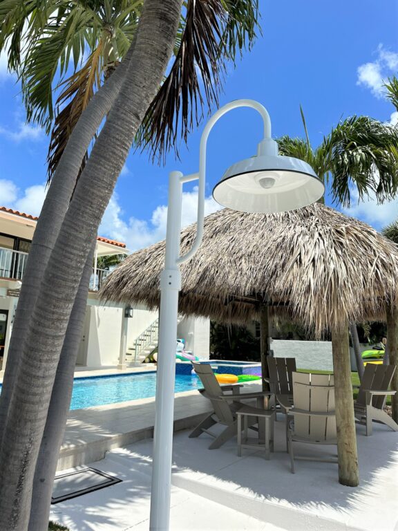 Image 3 residential exterior lighting Original LED Single Post Mount 16in 250 White 8ft Smooth Pole 250 White Domed Lens