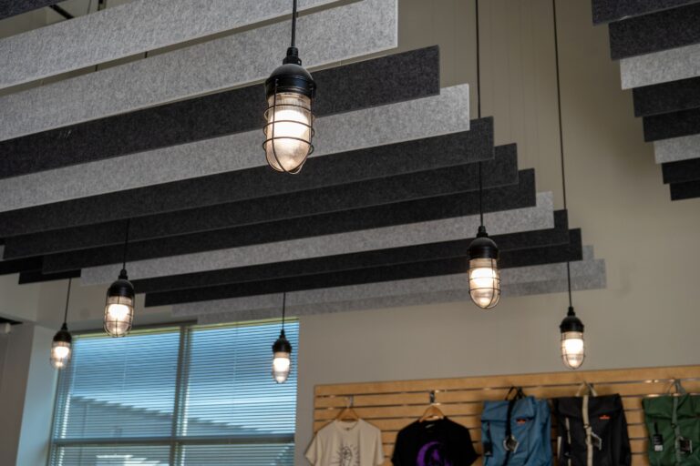 DSC07551 commercial interior lighting on climbing gym Industrial Guard Pendant 100 Black SBK Wire Guard Ribbed Glass