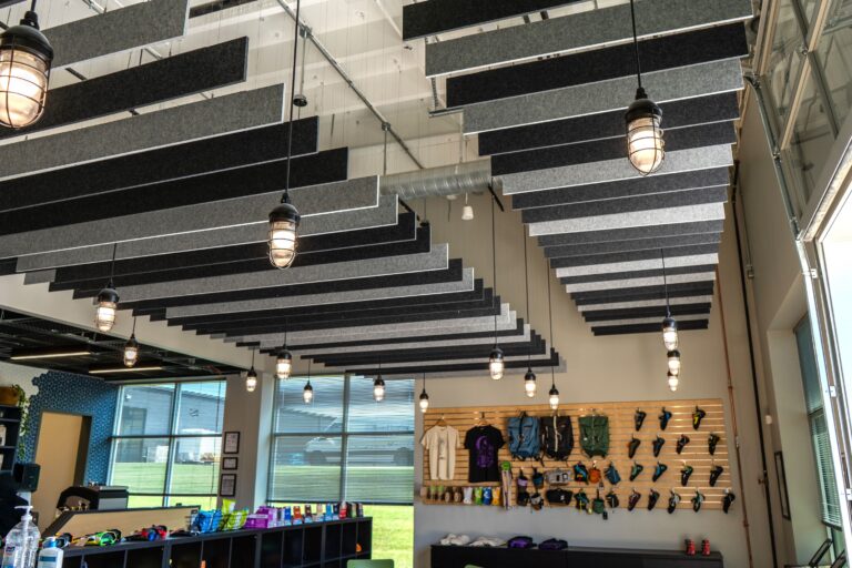 DSC07576 commercial interior lighting on climbing gym Industrial Guard Pendant 100 Black SBK Wire Guard Ribbed Glass