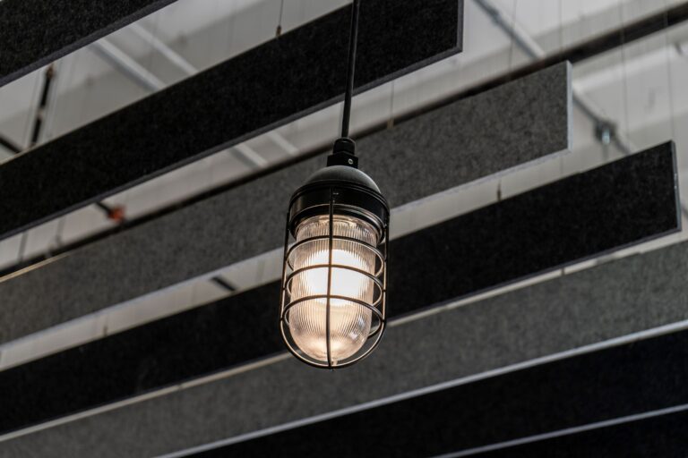 DSC07581 commercial interior lighting on climbing gym Industrial Guard Pendant 100 Black SBK Wire Guard Ribbed Glass