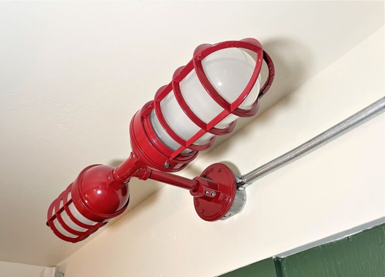IMG 1855 commercial interior lighting hotel Atomic Topless Double Industrial Guard Sconce 400 Barn Red CGG 400 Barn Red Frosted Glass