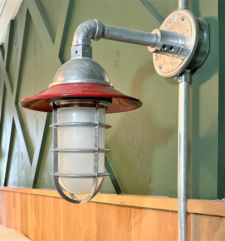 IMG 1859 commercial interior lighting hotel Industrial Guard Sconce 400 Barn Red Flared Shade CGG 975 Galvanized Frosted Glass
