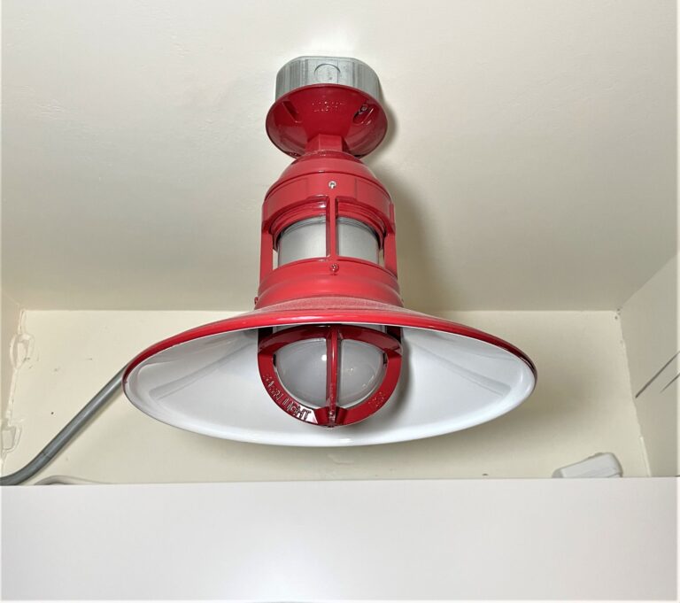 IMG 1864 commercial interior lighting hotel Wallaby Flush Mount 12in 400 Barn Red No Cap Frosted Glass