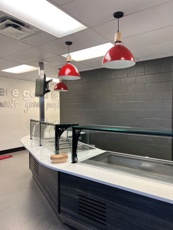 IMG 0338 commercial interior lighting cafeteria Wilcox Uplight Wooden Top Pendant 16in 400 Barn Red Maple SBK