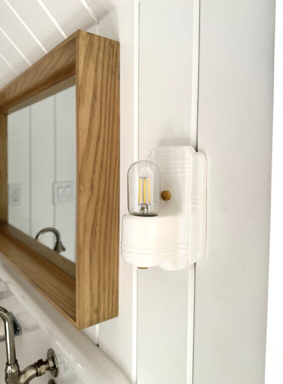 IMG 0911 residential interior lighting bathroom vanity farmhouse sink Kao Wall Sconce 200 White